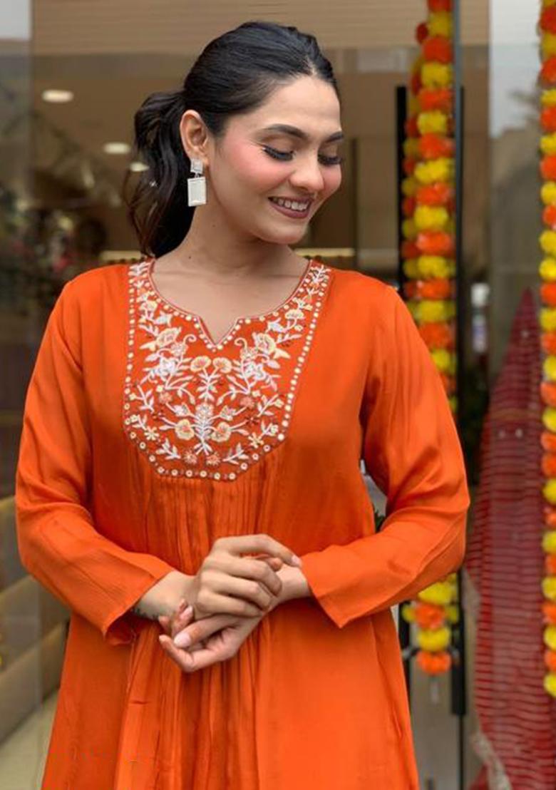 Mustard Embroidery Sequence Work Blended Gown - Indya