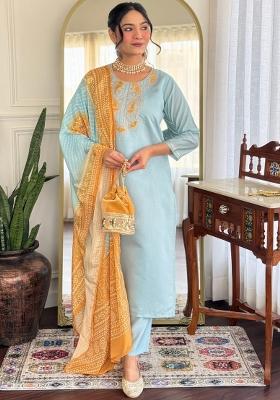 Sky Blue Thread Work Chanderi Silk Kurta Set With Dupatta
