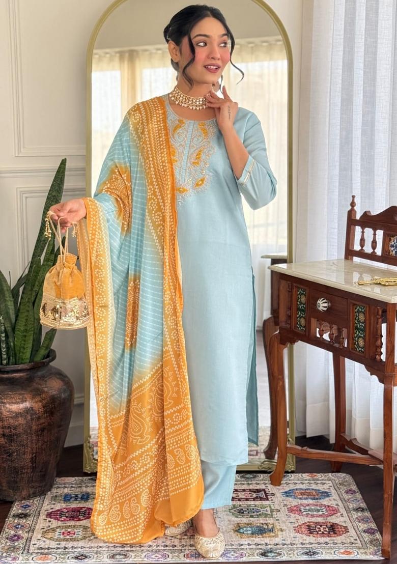 Sky Blue Thread Work Chanderi Silk Kurta Set With Dupatta - Indya