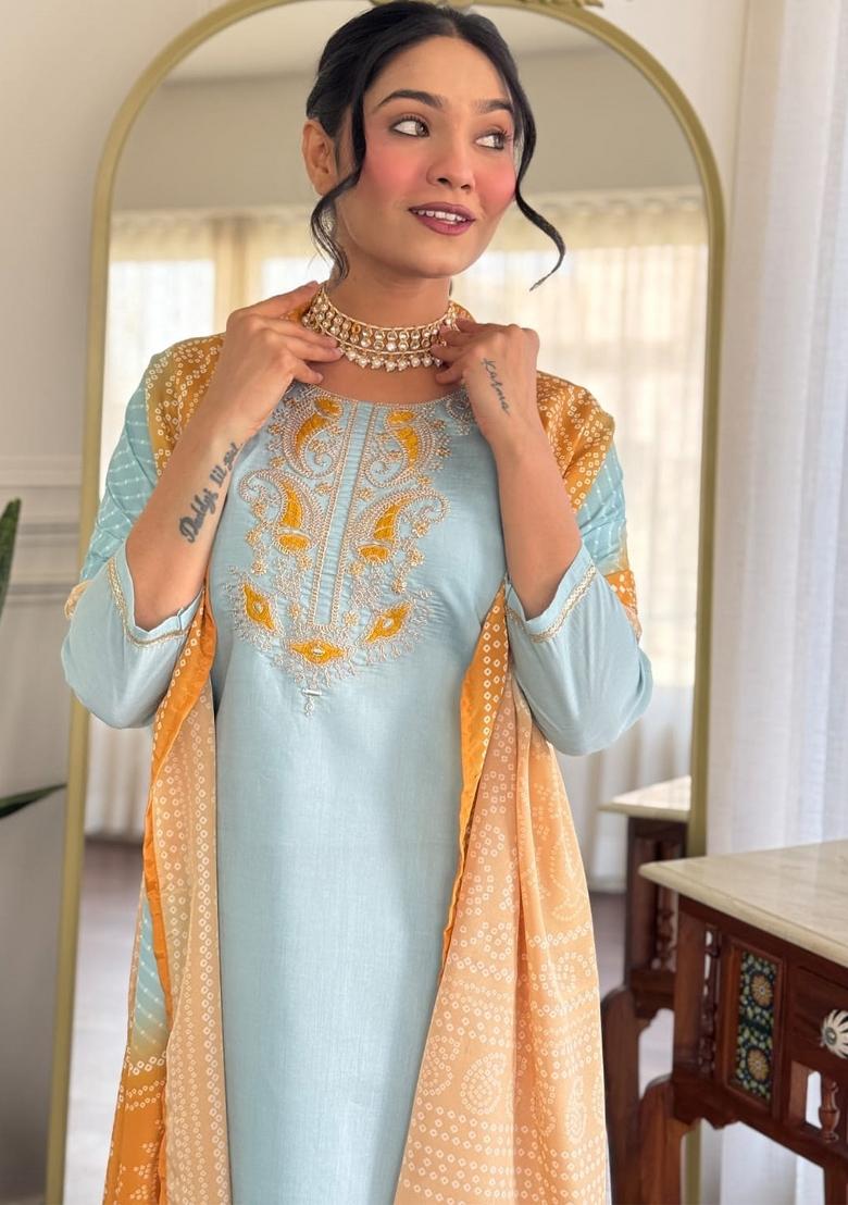 Sky Blue Thread Work Chanderi Silk Kurta Set With Dupatta - Indya