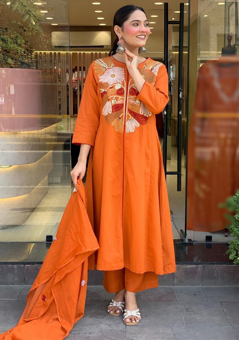 Orange Thread Work Chanderi Silk Kurta Set With Dupatta - Indya