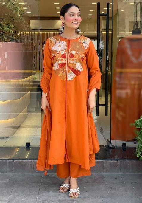 Orange Thread Work Chanderi Silk Kurta Set With Dupatta