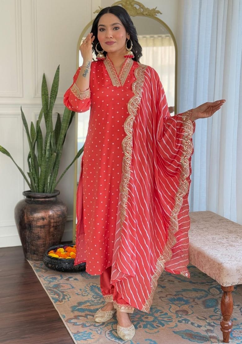 Red Dots Print Muslin Kurta Set With Dupatta