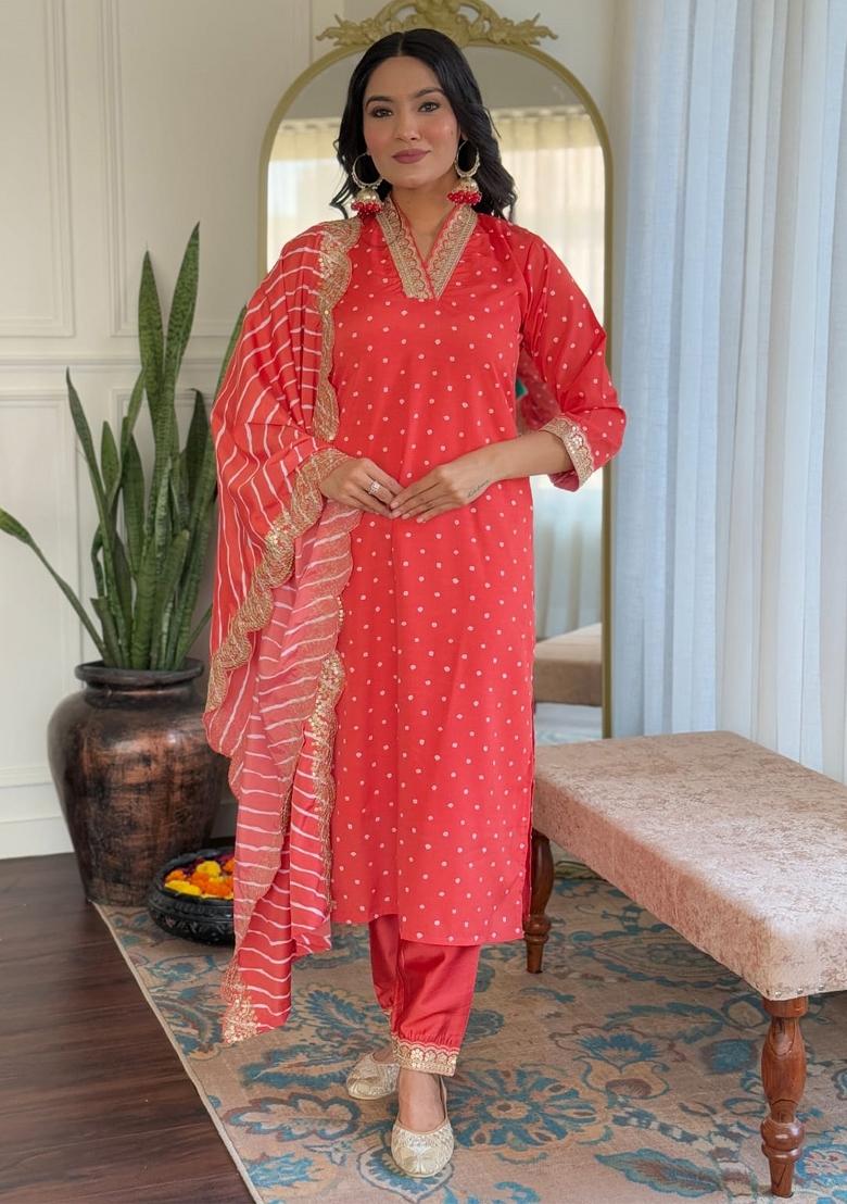 Red Dots Print Muslin Kurta Set With Dupatta