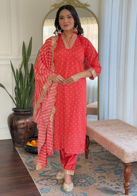 Red Dots Print Muslin Kurta Set With Dupatta