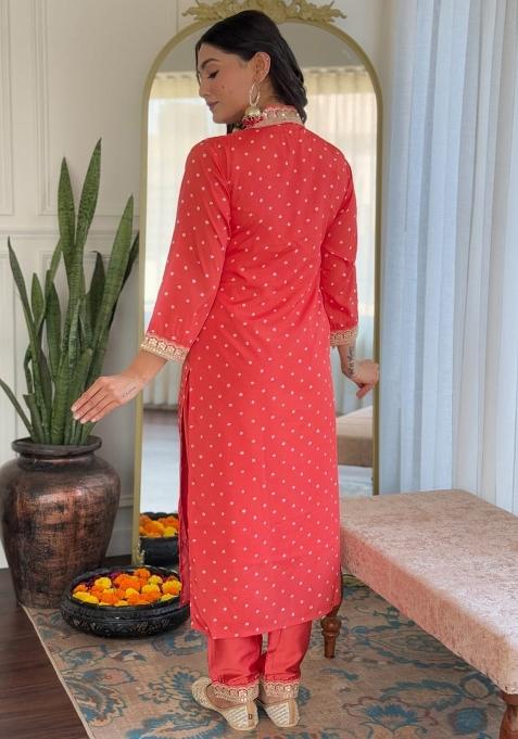 Red Dots Print Muslin Kurta Set With Dupatta