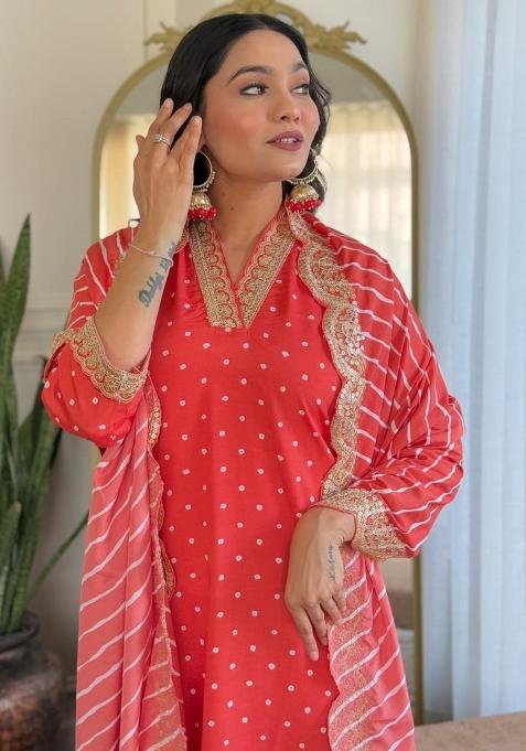 Red Dots Print Muslin Kurta Set With Dupatta