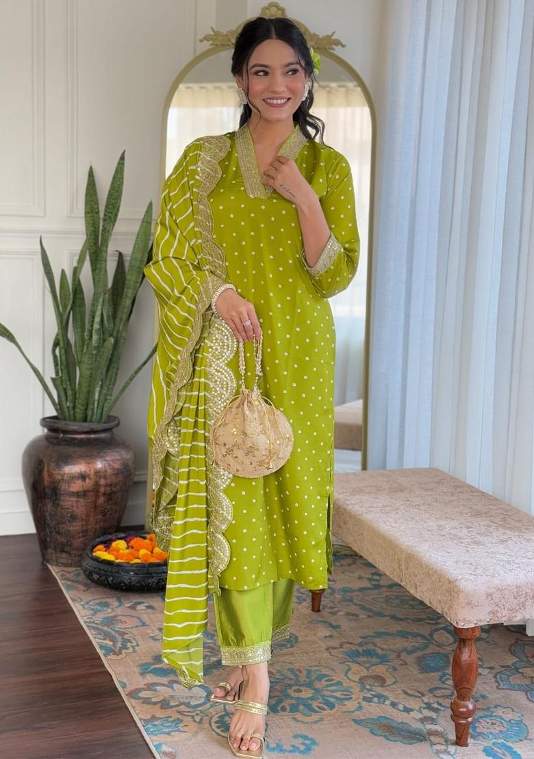 Lime Dots Print Muslin Kurta Set With Dupatta