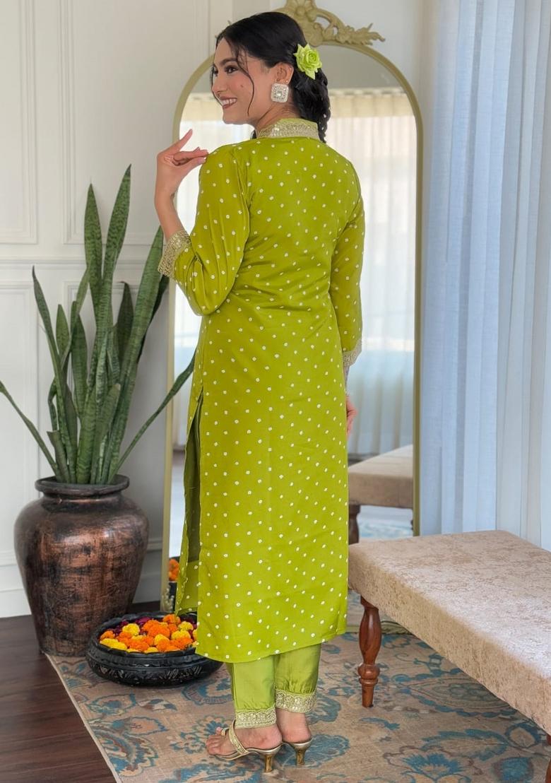 Lime Dots Print Muslin Kurta Set With Dupatta