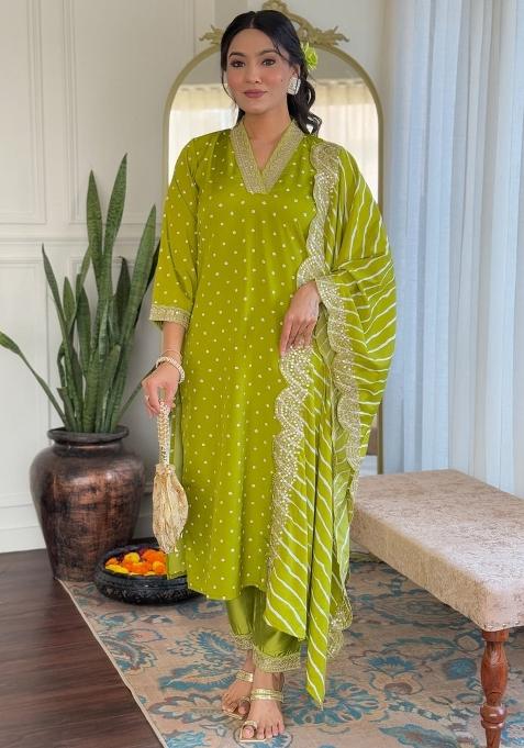 Lime Dots Print Muslin Kurta Set With Dupatta