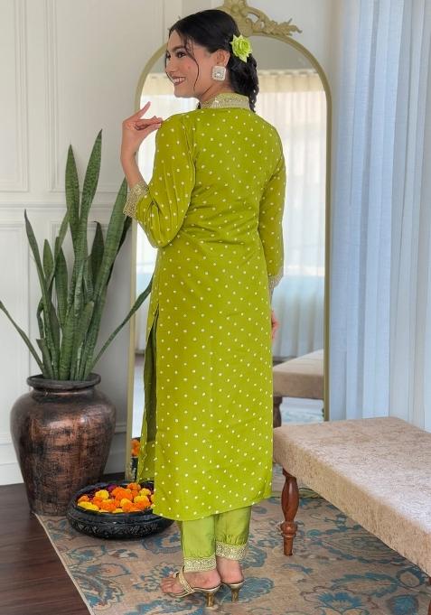 Lime Dots Print Muslin Kurta Set With Dupatta