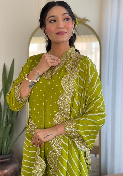 Lime Dots Print Muslin Kurta Set With Dupatta