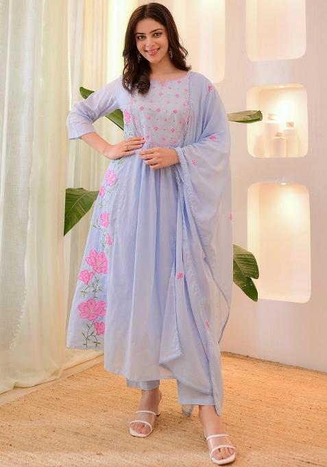 Light Blue Thread Work Silk Blend Kurta Set With Dupatta