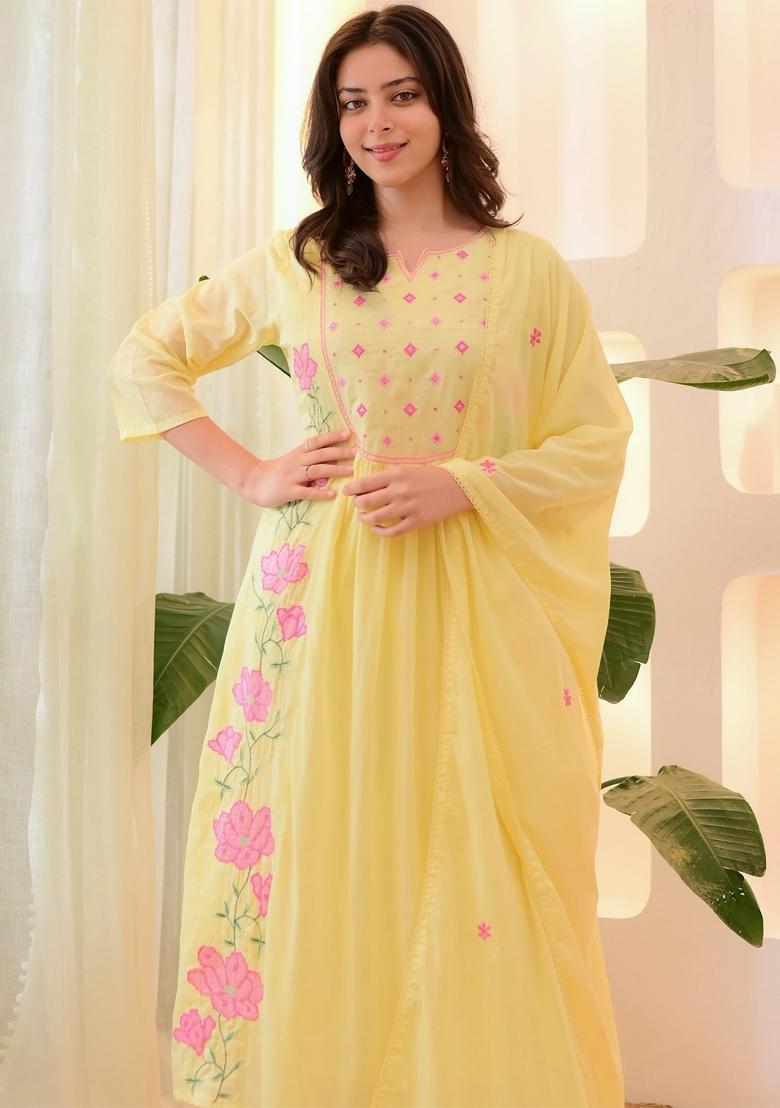 Yellow Thread Work Silk Blend Kurta Set With Dupatta - Indya