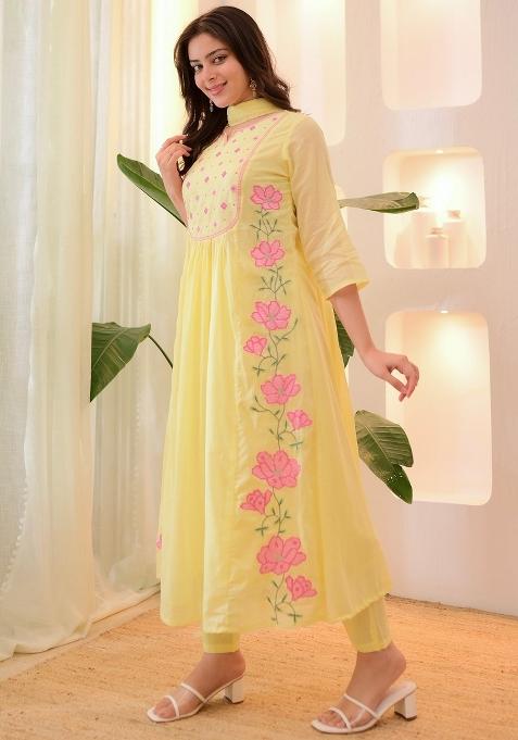 Yellow Thread Work Silk Blend Kurta Set With Dupatta
