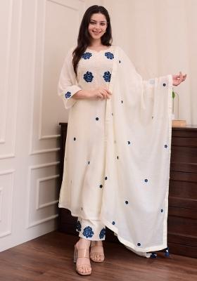 Cream Thread Work Rayon Kurta Set With Dupatta