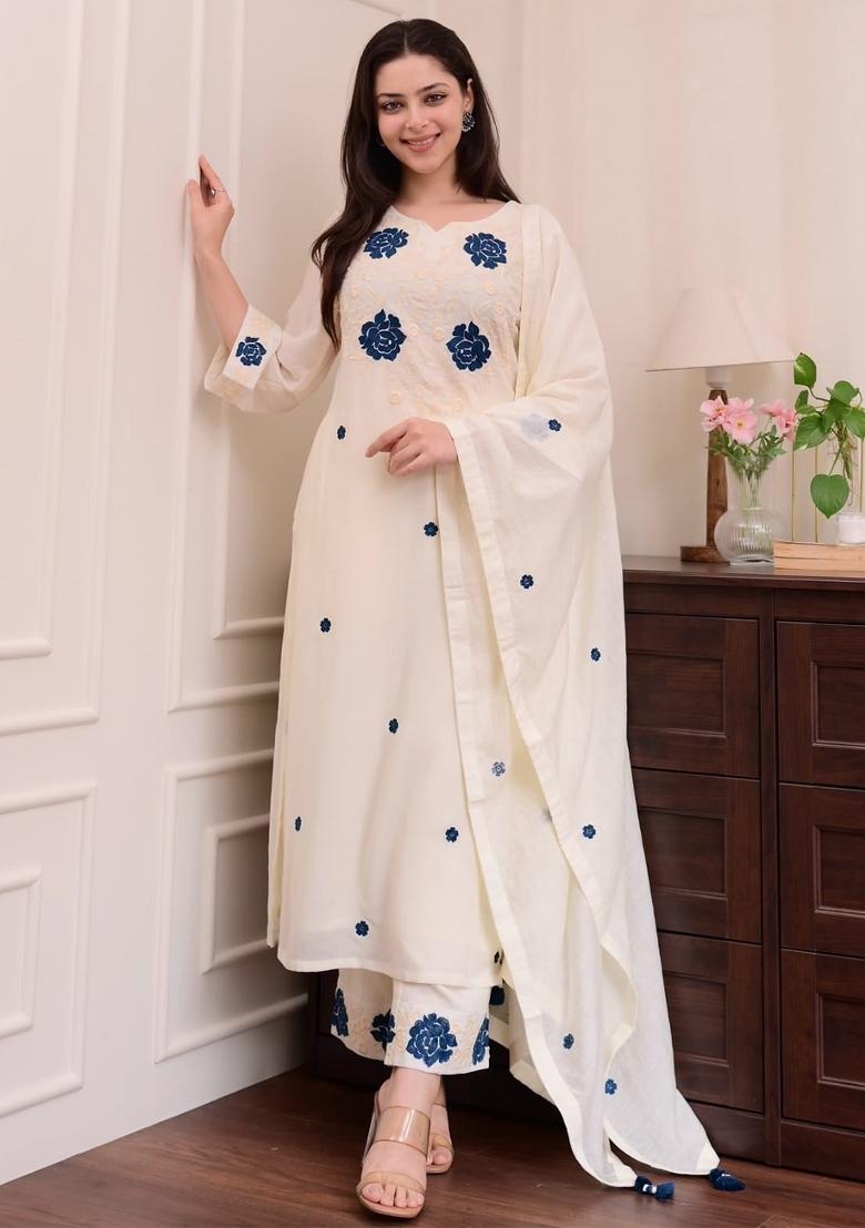 Cream Thread Work Rayon Kurta Set With Dupatta - Indya