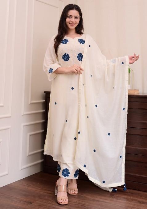 Cream Thread Work Rayon Kurta Set With Dupatta