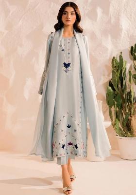 Sky Blue Thread Work Chanderi Silk Kurta Set With Dupatta