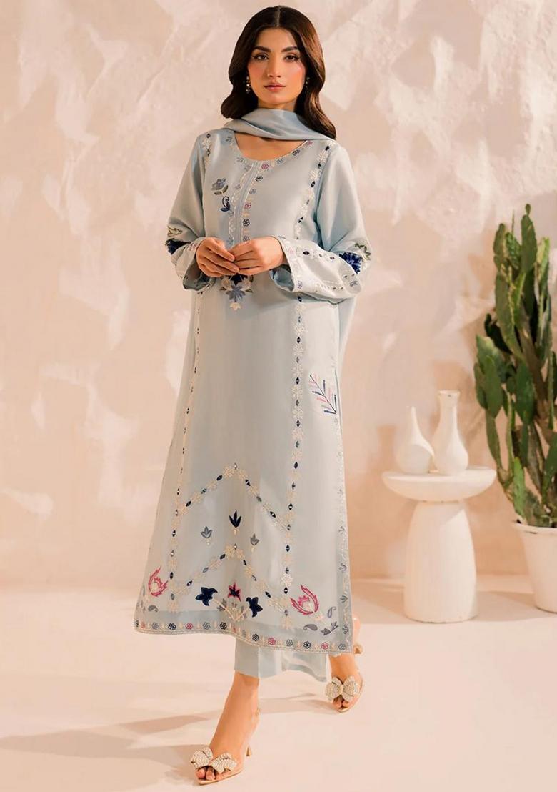 Sky Blue Thread Work Chanderi Silk Kurta Set With Dupatta - Indya