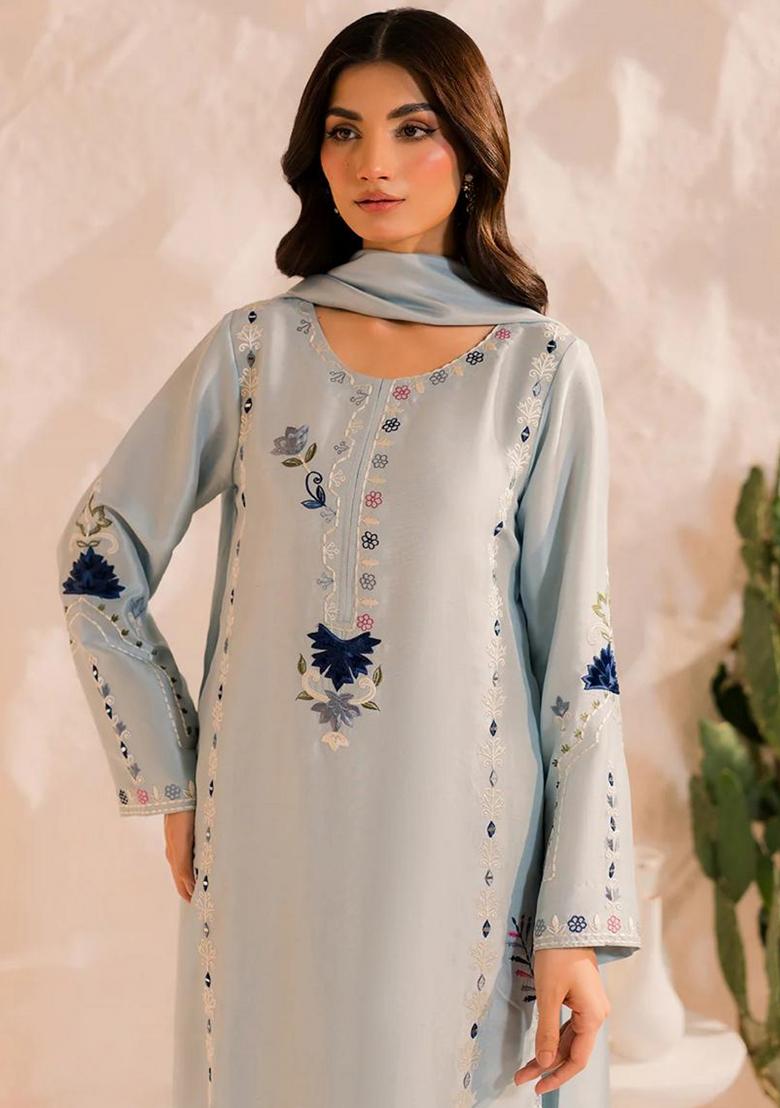 Sky Blue Thread Work Chanderi Silk Kurta Set With Dupatta - Indya