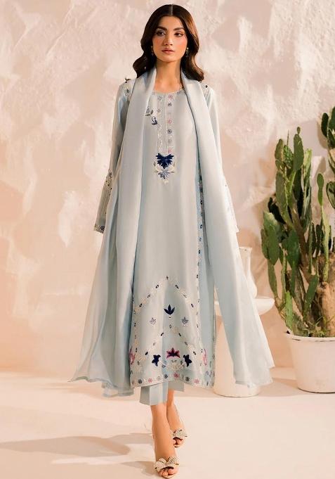 Sky Blue Thread Work Chanderi Silk Kurta Set With Dupatta