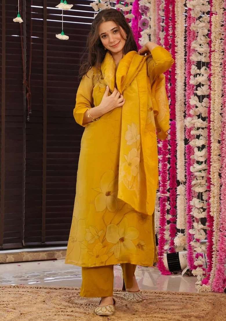 Yellow Floral Print Silk Kurta Set With Dupatta - Indya
