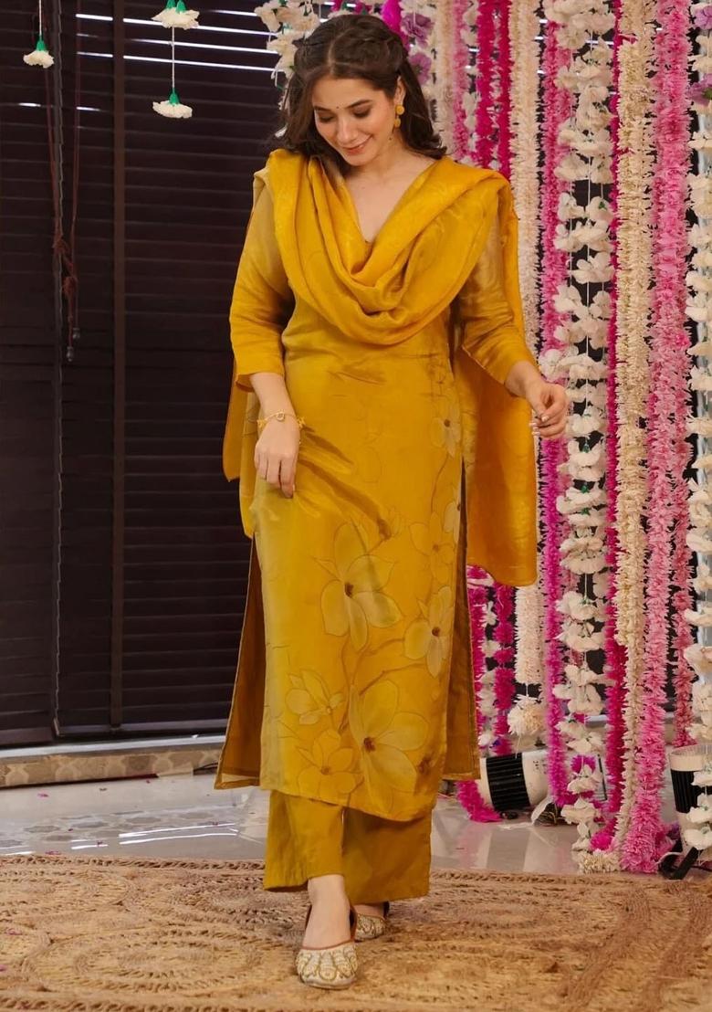 Yellow Floral Print Silk Kurta Set With Dupatta - Indya