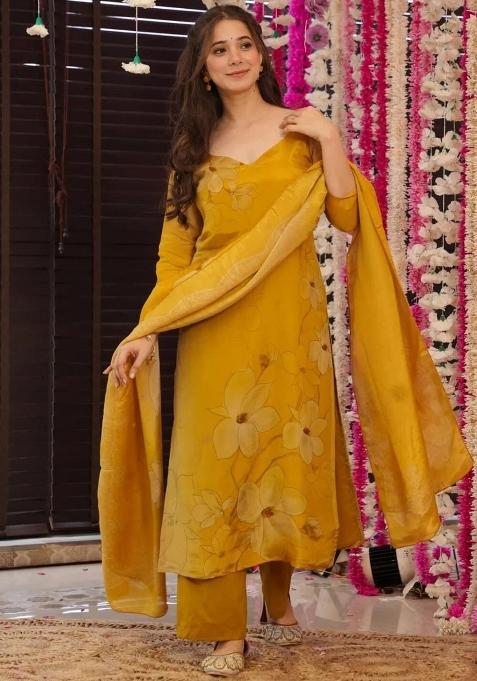 Yellow Floral Print Silk Kurta Set With Dupatta