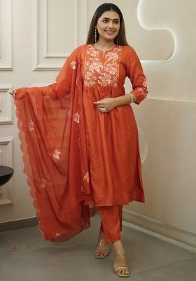 Orange Thread Work Chinon Kurta Set With Dupatta