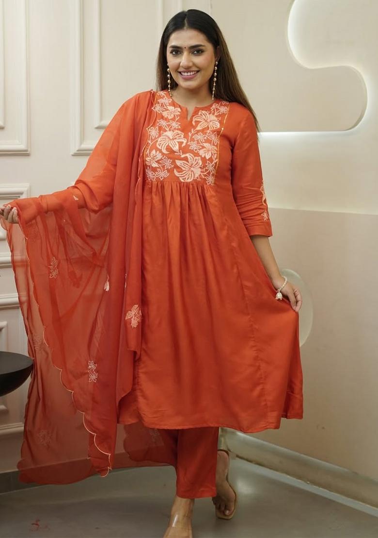 Orange Thread Work Chinon Kurta Set With Dupatta - Indya