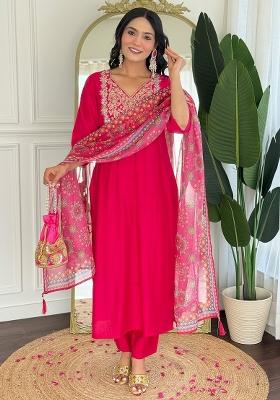 Rani Pink Thread Work Viscose Kurta Set With Dupatta