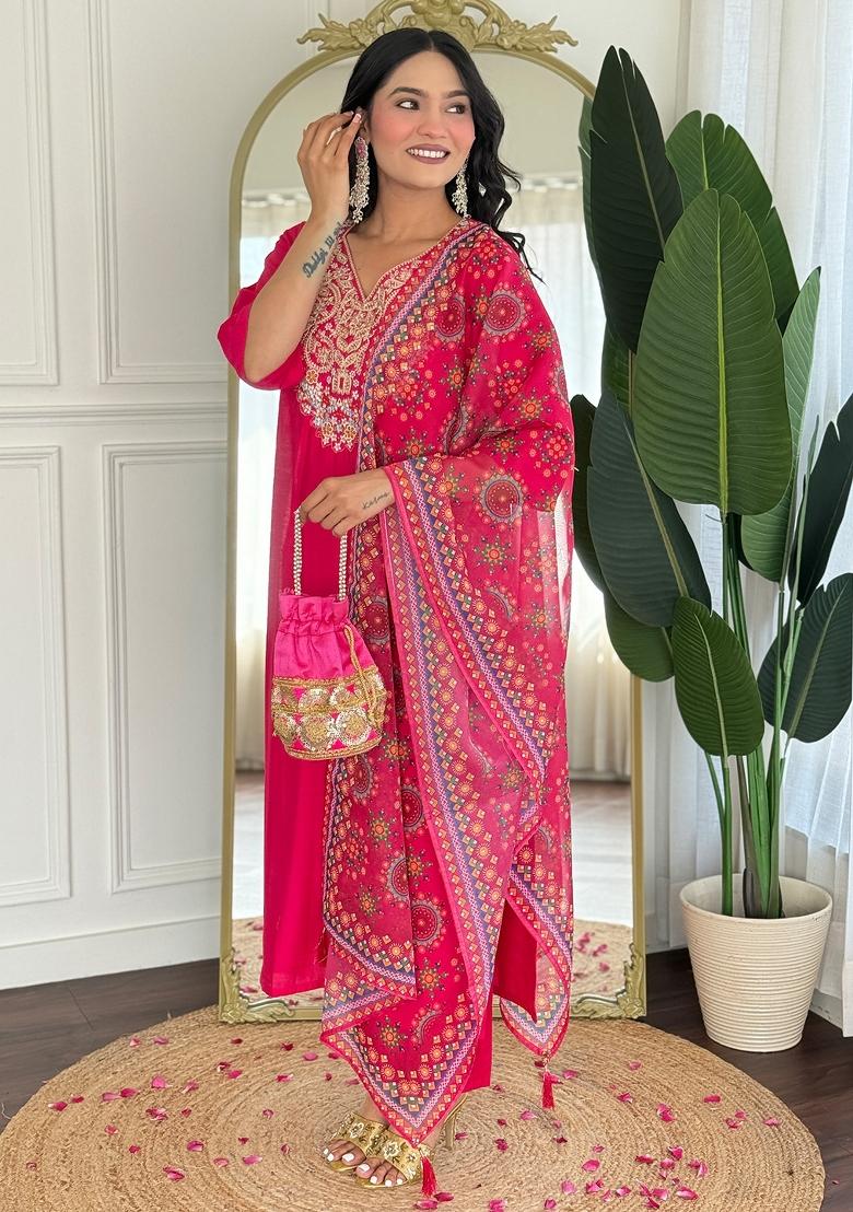 Rani Pink Thread Work Viscose Kurta Set With Dupatta - Indya