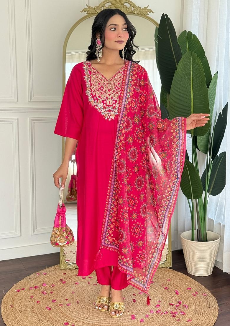 Rani Pink Thread Work Viscose Kurta Set With Dupatta - Indya