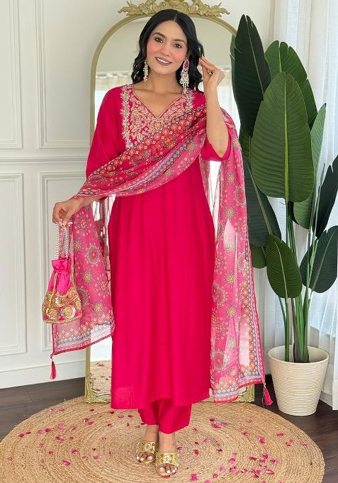Rani Pink Thread Work Viscose Kurta Set With Dupatta