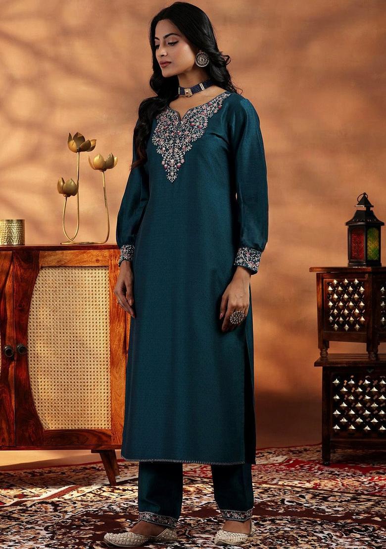 Teal Blue Thread Work Vichitra Silk Kurta Set With Dupatta - Indya