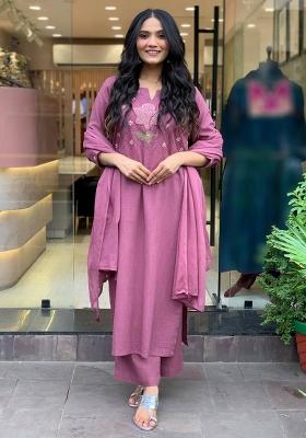 Pink Thread Work Cotton Kurta Set With Dupatta