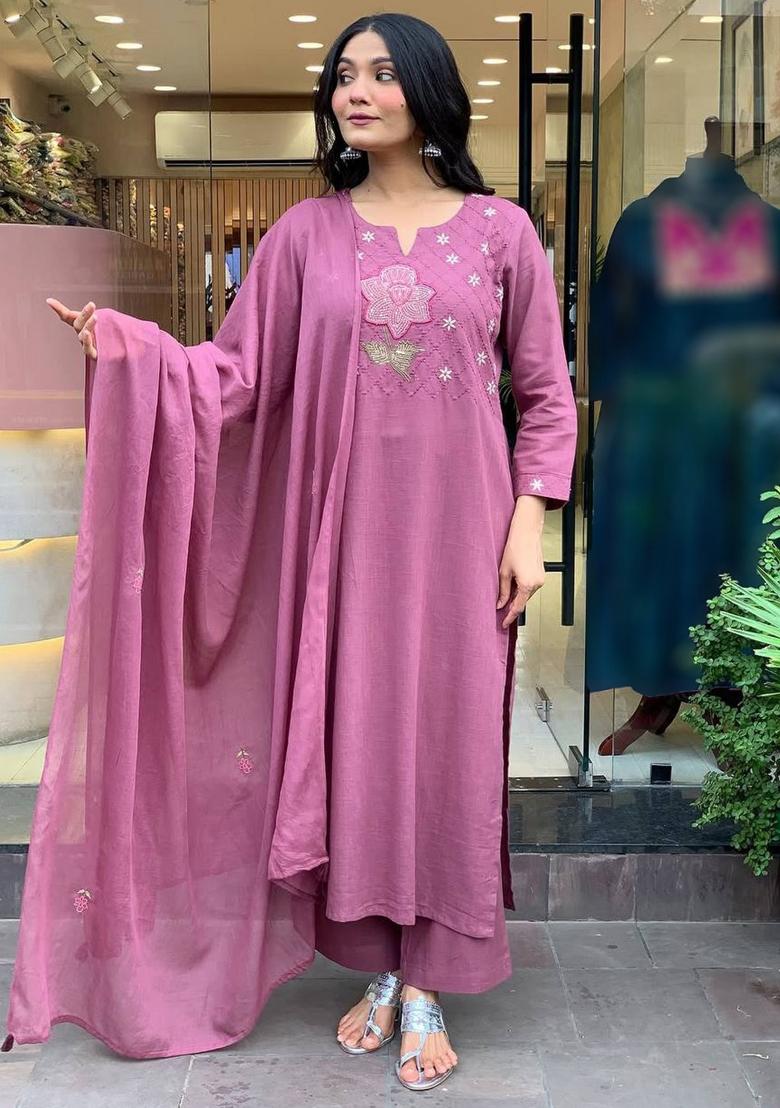 Pink Thread Work Cotton Kurta Set With Dupatta - Indya