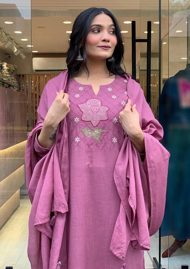 Pink Thread Work Cotton Kurta Set With Dupatta - Indya