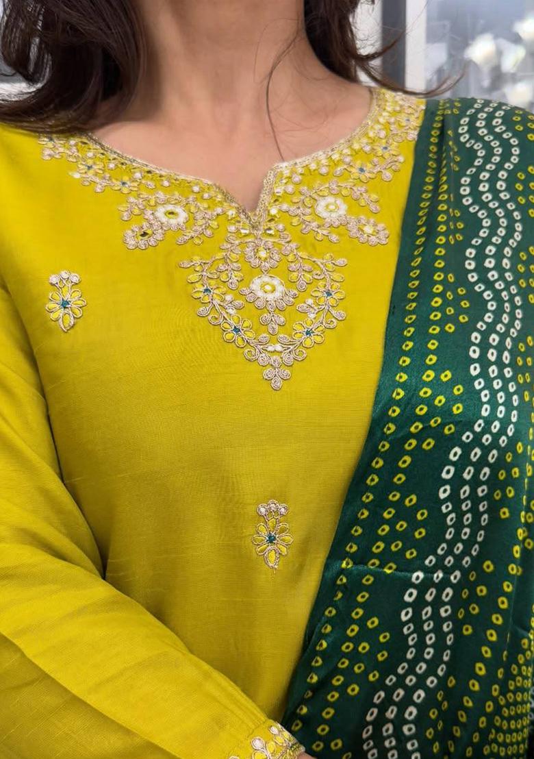 Lemon Thread Work Chanderi Silk Kurta Set With Dupatta - Indya