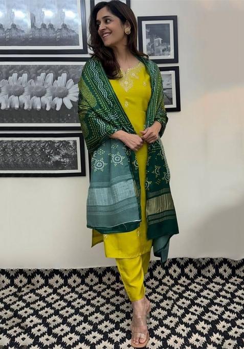 Lemon Thread Work Chanderi Silk Kurta Set With Dupatta