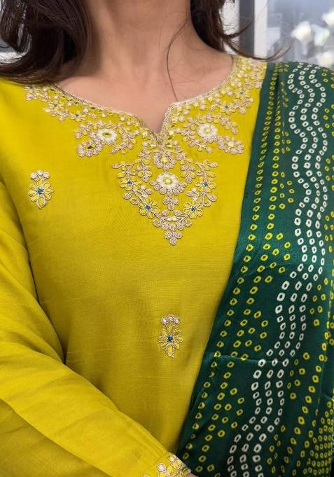 Lemon Thread Work Chanderi Silk Kurta Set With Dupatta