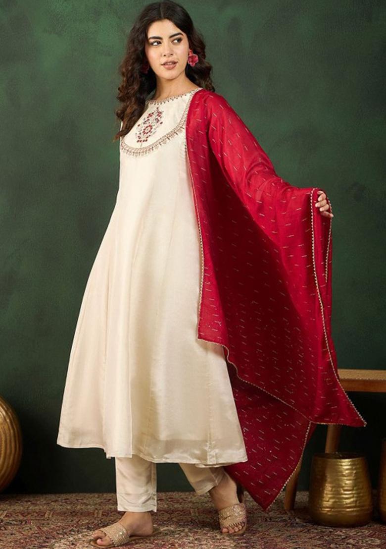 Cream Thread Work Vichitra Silk Kurta Set With Dupatta - Indya