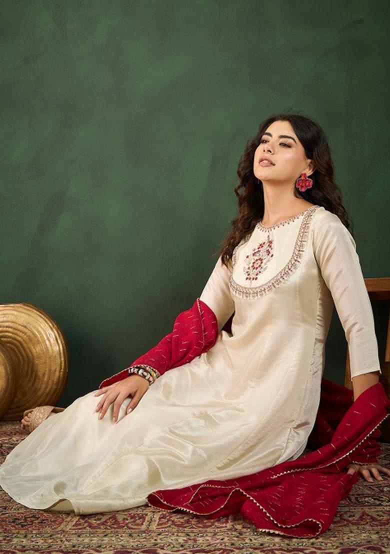 Cream Thread Work Vichitra Silk Kurta Set With Dupatta - Indya