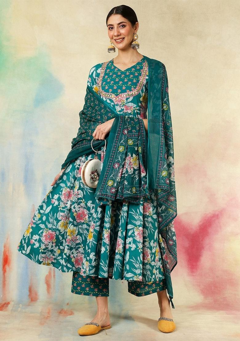 Teal Green Floral Print Cotton Kurta Set With Dupatta
