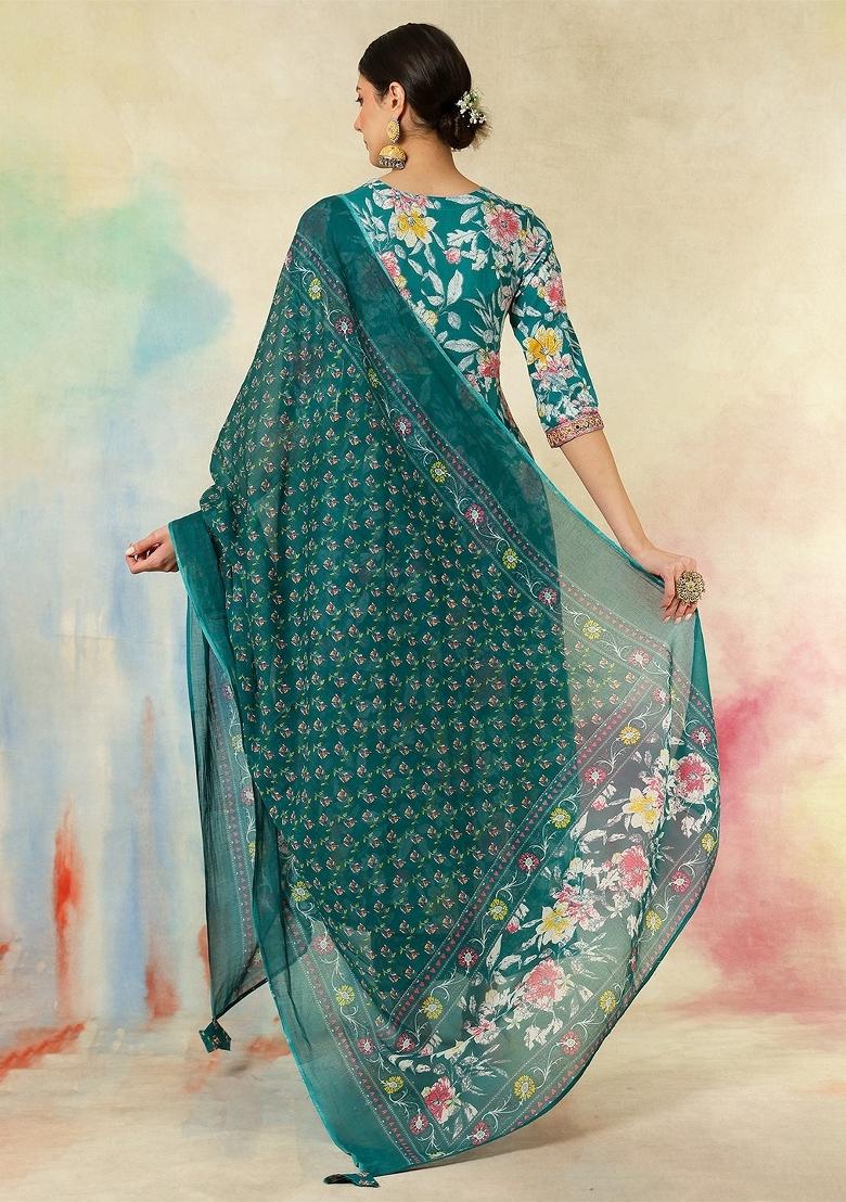 Teal Green Floral Print Cotton Kurta Set With Dupatta