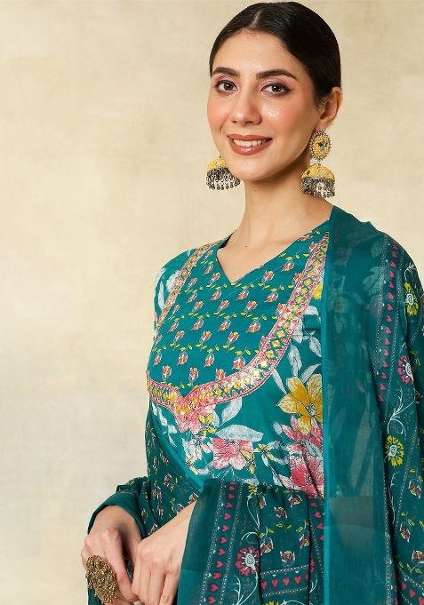 Teal Green Floral Print Cotton Kurta Set With Dupatta