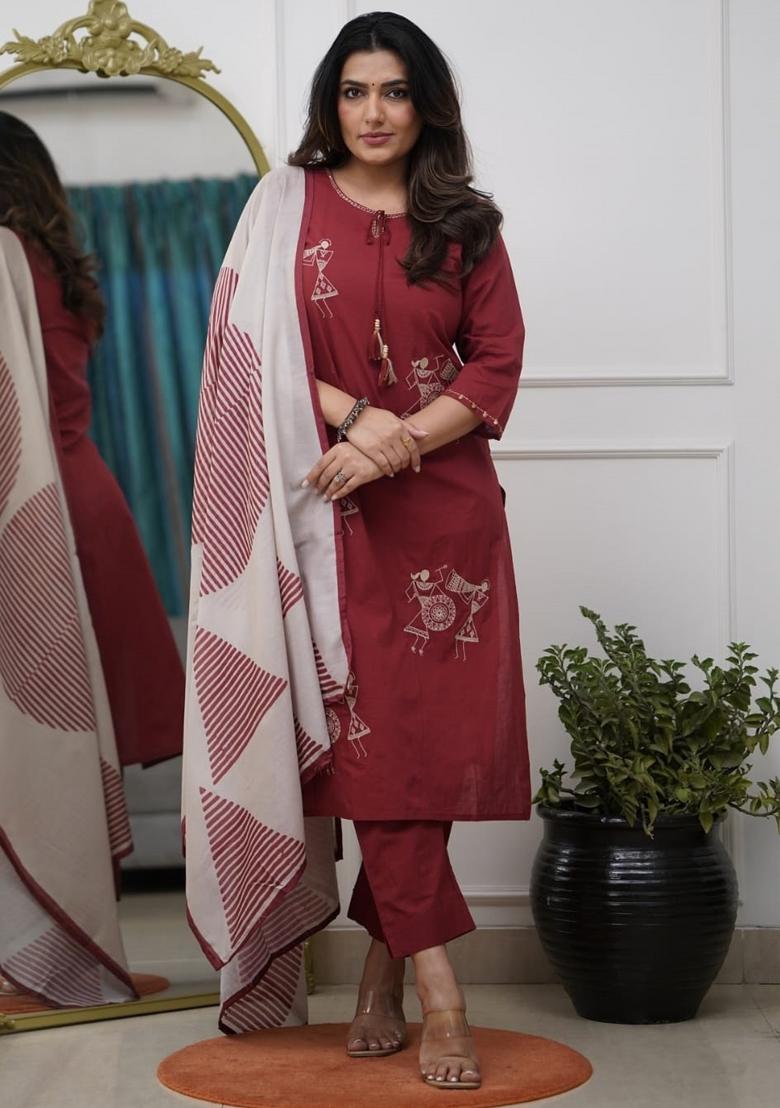 Maroon Thread Work Pure Silk Kurta Set With Dupatta - Indya