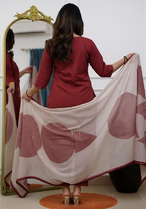 Maroon Thread Work Pure Silk Kurta Set With Dupatta