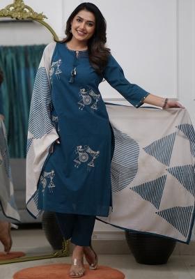 Blue Thread Work Pure Silk Kurta Set With Dupatta